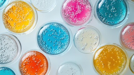 A colorful array of petri dishes with various colored liquids and bubbles, arranged in a grid pattern on a white background.