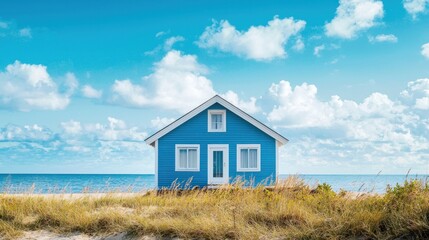 A blue house with a white roof and trim, situated on a sandy beach with grass and sand dunes, overlooking the ocean under a blue sky with white clouds.