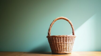 A wicker basket with a handle on a wooden table against a green wall.
