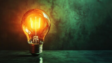 A glowing light bulb on a dark green background. The bulb emits a warm, golden light, casting a glow on the surrounding area.