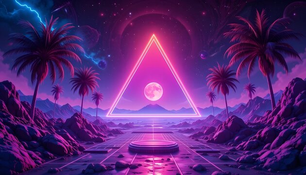 Neon Retro Futuristic Galaxy Poster with Triangle and Digital Wireframe