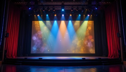 Theater Stage with Spotlight and Colorful Illuminated Background for Performance Scenes