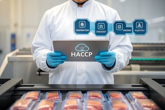 Food safety inspector holding tablet with H A C P data HACCP technology