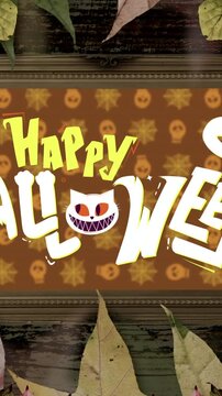 Animation of leaf frame over happy halloween in background