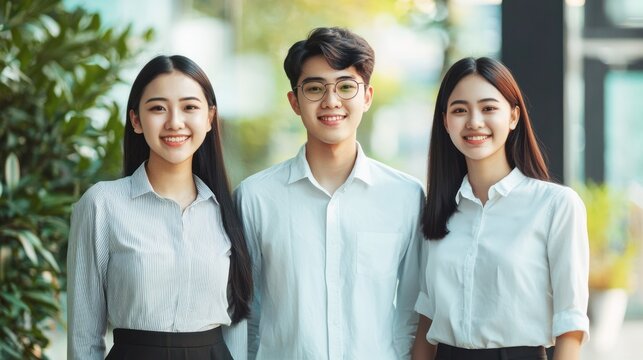 Three young professionals standing outdoors, smiling, dressed in formal attire.