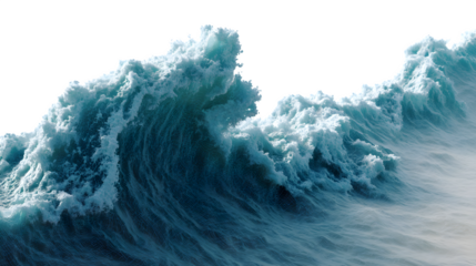 Powerful ocean wave crests and breaks in a dynamic display, creating a textured and vibrant seascape against a transparent backdrop.