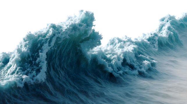 Powerful ocean wave crests and breaks in a dynamic display, creating a textured and vibrant seascape against a transparent backdrop.