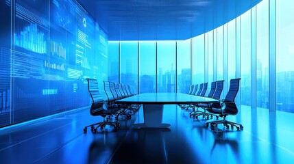 A modern, sleek conference room with blue lighting and a city skyline visible through the large windows. The room features a long, rectangular table with black chairs arranged around it.