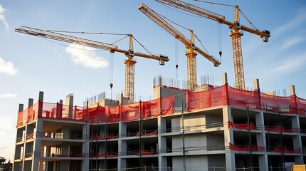 Modern multi-story concrete building under construction with cranes operating on site, captured under bright daylight, showcasing architecture development and industrial progress

