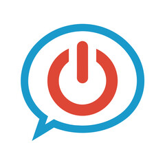Red power symbol inside blue speech bubble communication