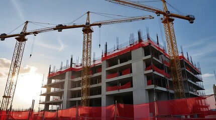 Modern multi-story concrete building under construction with cranes operating on site, captured under bright daylight, showcasing architecture development and industrial progress

