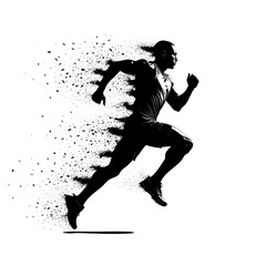 Silhouette of a man running with particle dispersion on white background