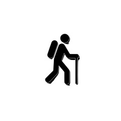 Black hiker icon with backpack and walking stick on a white background