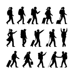 travel peoples vector set , Silhouette illustration of people traveling with bags and backpacks