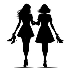 Two women walking silhouette vector holding high heels in their hands