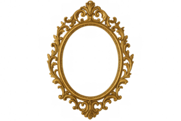 Intricately designed gold oval frame featuring elegant scrollwork, ideal for classic art displays or vintage decor projects with a transparent background