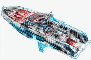 X-ray view of a luxury powerboat, showcasing its interior design and mechanical components.