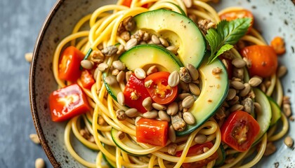 Vibrant keto zucchini noodles tossed with creamy avocado, juicy tomatoes, & crunchy pumpkin seeds,   paleo,   summer salad
