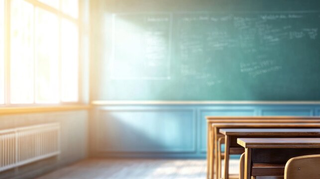 An empty classroom with desks and a chalkboard, with sunlight streaming in through the windows.