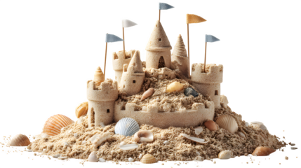 A delightful sandcastle adorned with colorful flags and seashells sits against a transparent backdrop evoking summer fun.