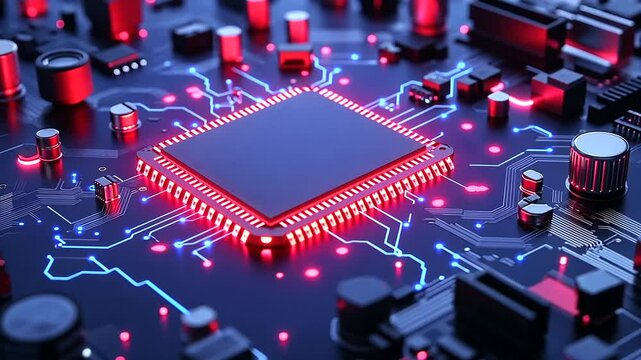 Close up on a red and blue lit computer motherboard