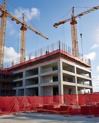 Modern multi-story concrete building under construction with cranes operating on site, captured under bright daylight, showcasing architecture development and industrial progress

