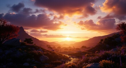 Dramatic sunset over a lush valley with vibrant wildflowers and dramatic clouds