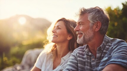 A serene couple enjoying a moment together in a natural setting, with the sun casting a warm glow over the landscape.