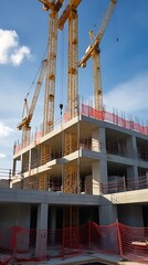 Modern multi-story concrete building under construction with cranes operating on site, captured under bright daylight, showcasing architecture development and industrial progress

