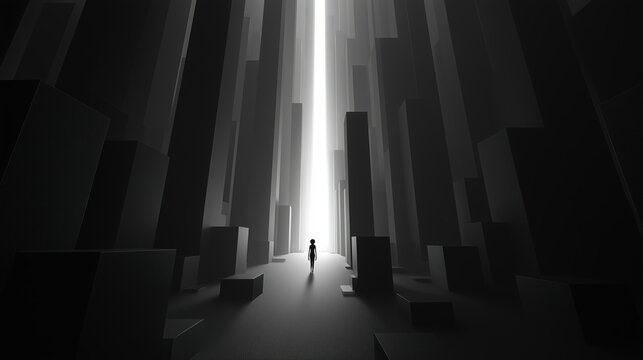 Monochromatic 3D illustration of a lone figure walking towards a beam of light through a maze - like structure of tall, dark blocks. Ideal for themes of hope, journey, and exploration. 