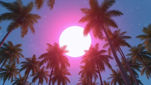 Colorful tropical palm trees artistic illustration against a vibrant night sky backdrop