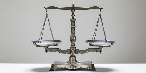 Classic metallic balance scale standing upright on neutral background, symbolizing justice, fairness, law, and legal decisions, often used in legal, academic, and symbolic contexts

