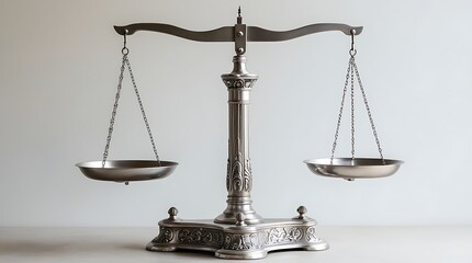 Classic metallic balance scale standing upright on neutral background, symbolizing justice, fairness, law, and legal decisions, often used in legal, academic, and symbolic contexts

