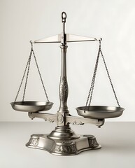 Classic metallic balance scale standing upright on neutral background, symbolizing justice, fairness, law, and legal decisions, often used in legal, academic, and symbolic contexts

