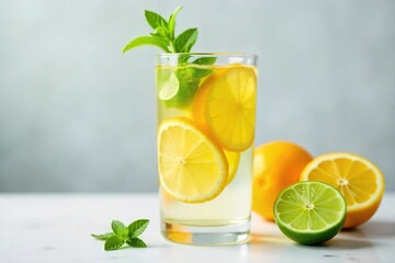 Fototapeta premium Refreshing Citrus Infused Water Lemon, Lime & Orange Slices in a Glass. Perfect Summer Hydration Drink for Healthy Living. Garnish with Mint.