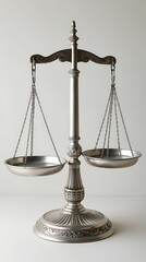 Classic metallic balance scale standing upright on neutral background, symbolizing justice, fairness, law, and legal decisions, often used in legal, academic, and symbolic contexts

