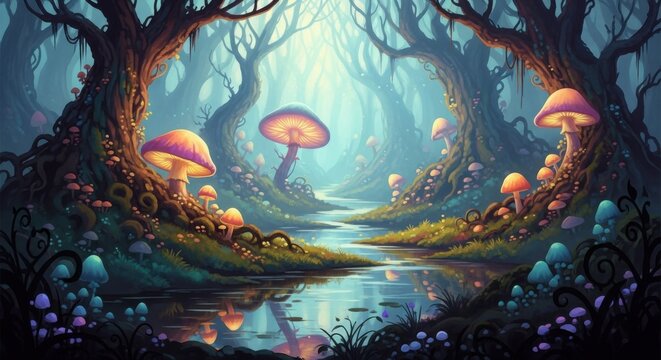 Enchanting mystical forest with giant glowing mushrooms and a serene river