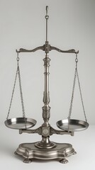 Classic metallic balance scale standing upright on neutral background, symbolizing justice, fairness, law, and legal decisions, often used in legal, academic, and symbolic contexts

