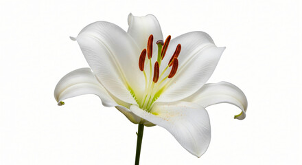 Obraz premium Elegant White Lily in Full Bloom with Vibrant Red Stamen Against a Clean White Background, Capturing Nature's Delicate Beauty