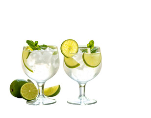 Fototapeta premium “Refreshing Summer Gin and Tonic with Lime and Mint in a Vintage Cut-Glass Tumbler, PNG Isolated”
