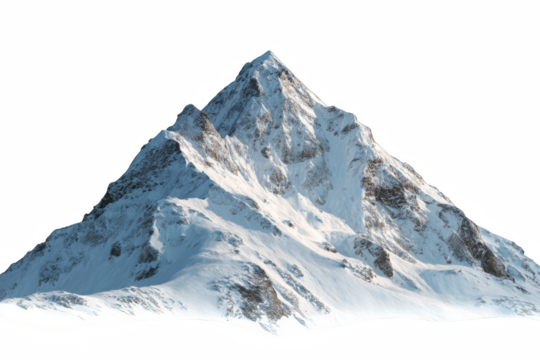 A majestic snow covered mountain peak, its rugged slopes and icy texture captured against a transparent backdrop.