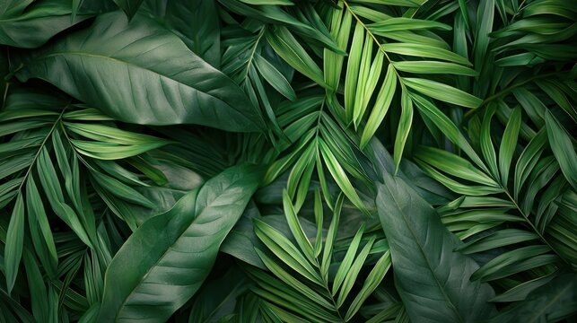 Tropical green leaves with a mix of palm and fern leaves, creating a vibrant and lush background.