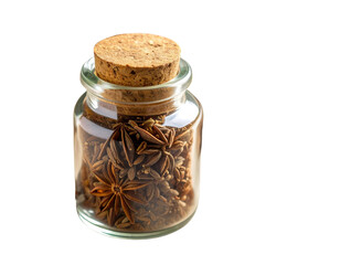 “Close-Up of Anise Seeds in a Small Glass Jar on Rustic Linen Fabric, Transparent PNG”