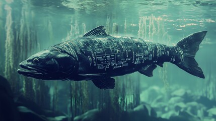 Cybernetic Fish Underwater with Digital Data Skin.