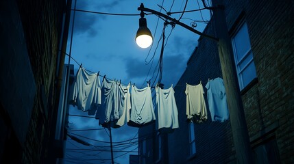 Moody Urban Alley with Laundry on a Clothesline at Dusk.