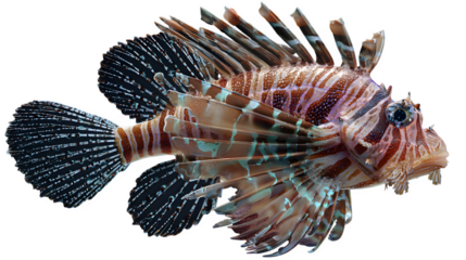 Beautiful lionfish swims in the ocean waters featuring vibrant colors and intricate patterns, on a transparent background ready for design use.
