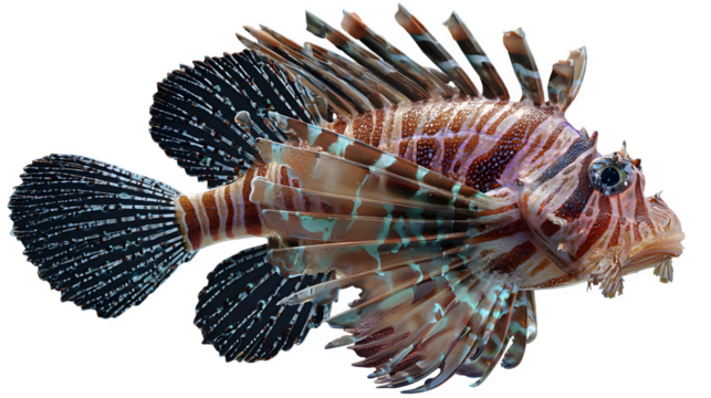 Beautiful lionfish swims in the ocean waters featuring vibrant colors and intricate patterns, on a transparent background ready for design use.