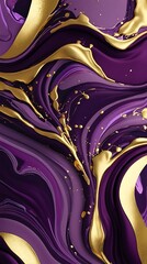 Luxurious abstract fluid art with rich purple and gold metallic swirls flowing in harmony, creating a modern elegant design ideal for backgrounds, decor, fashion, or branding visuals

