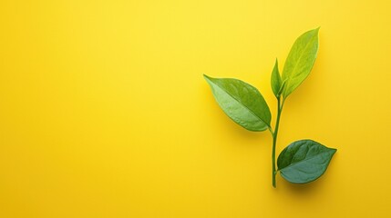 A green leaf on a yellow background. The leaf is a symbol of growth and nature. The image has a vibrant yellow background that contrasts with the green leaf