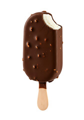 Obraz premium Delicious chocolate-covered ice cream bar on wooden stick, displayed on black, with bite marks and cracks for tempting treats isolated on white or transparent background. PNG format.